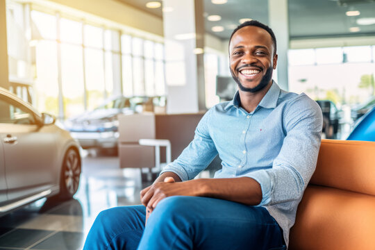 A smiling customer sitting comfortably in the waiting area of a car wash, enjoying complimentary amenities like coffee and Wi-Fi, highlighting the customer-centric experience. Generative Ai