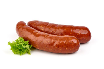 Smoked bratwurst sausages, isolated on white background.