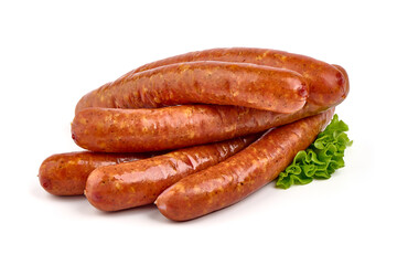 Smoked pork sausages made from minced meat isolated on white background.