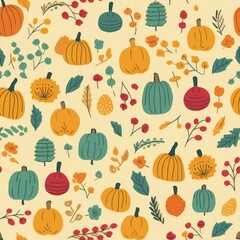 Seamless/Tiled Autumn Pattern: Vibrant Fall Colors, Cute Motifs and Cheerful Elements, Joyful Design of Seasonal Splendor, Conjuring Warmth and Happiness - Generative AI