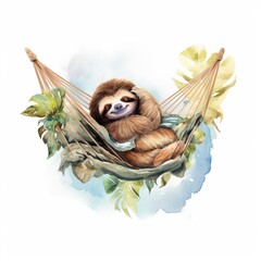 Obraz premium Cute funny animal illustration - Watercolor painting of cute relaxing sloth in hammock, design for logo or t shirt, isolated on white background (Generative Ai)