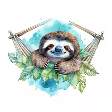 Cute funny animal illustration - Watercolor painting of cute relaxing sloth in hammock, design for logo or t shirt, isolated on white background (Generative Ai)