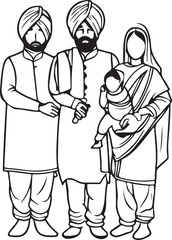 Fototapeta na wymiar Indian Family line art vector silhouette 