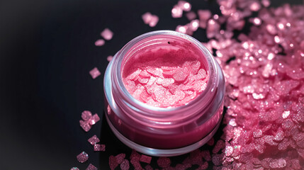 Obraz na płótnie Canvas Makeup cosmetics, glittery loose face shadows or blush, glitters in jar, pink glitter background, barbicor style. Beauty concept Generative AI