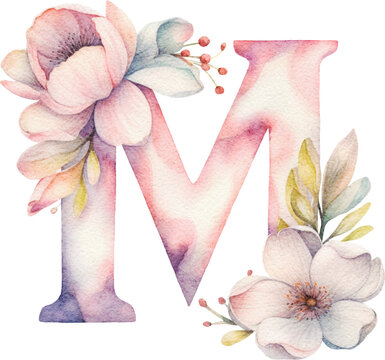 Letter M decorated with magnolia flowers created with Generative AI technology