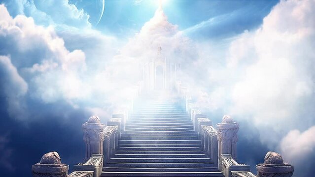 animation -Steps to Heaven,  staircase in the clouds leads to the gates of Heaven