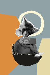 Vertical photo collage of head absurd wild monkey chimpanzee explore new laptop sit beanbag stupid...
