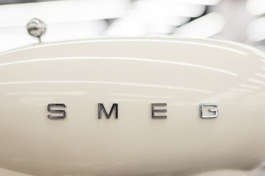 Close-up SMEG logo on an elite household appliances mixer in a store, high key. Almaty, Kazakhstan - April 16, 2023