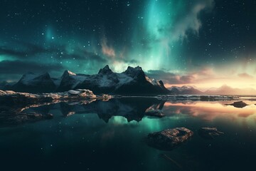 Obraz na płótnie Canvas AI-created image of aurora borealis shining across Arctic inlet. Generative AI