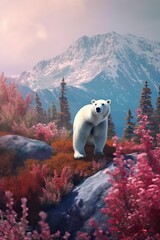 White bear in nature at mountain valley. Generative AI