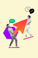Fototapeta premium Vertical collage picture photo artwork of two young businesspeople hold arrow growth progress new startup isolated on drawn background