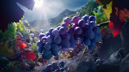 Grapes fresh fruit in the landscape background. Generative AI