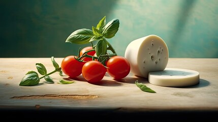 Mozzarella cheese, basil and tomato cherry on stone board. Generative AI