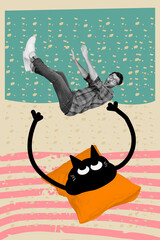 Metaphor collage of young man student falling down cat pet animal friend catch him help stop frustration isolated on painting background