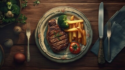Grilled beef steak and potatoes on plate, top view. Generative AI