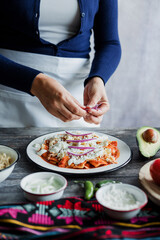 Mexican woman hands preparing chilaquiles with red sauce and eating traditional mexican food for breakfast in Mexico Latin America, hispanic people