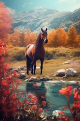 Horse in nature at mountain valley. Generative AI