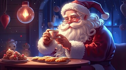 Santa Claus having a delicious cookies and drinking milk. Christmas and holidays concept. Generative AI