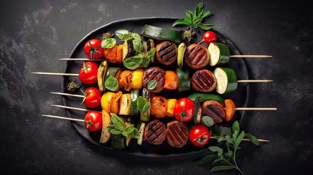 Greek vegetable kabobs vegetarian meal on dark background. Generative AI