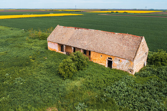 Old abandoned and ruined farm house surrounded with cultivated fields in Vojvodina from drone pov, aerial shot