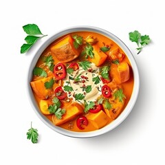 Vegetable curry vegetarian dish isolated on white background. Generative AI - obrazy, fototapety, plakaty