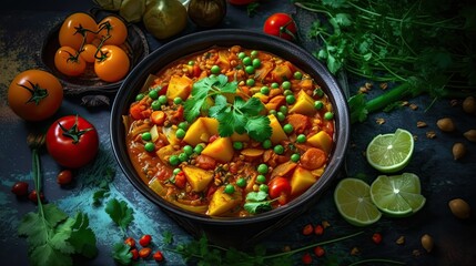 Lentil and vegetable curry vegetarian meal on dark background. Generative AI