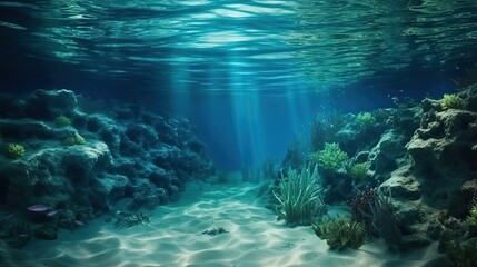 Fototapeta na wymiar Underwater blue ocean background. Deep underwater sea scene. Generative AI