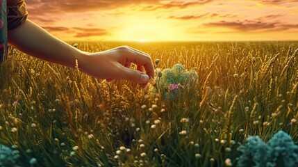 Hand in green field on sunset background. Generative AI