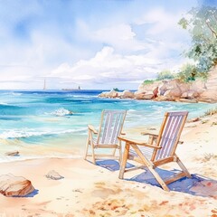 Fototapeta na wymiar Chairs on the sandy beach near the sea. Summer holiday and vacation concept. Generative AI