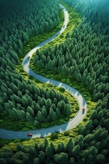 Summer pine forest and winding curvy road. Top down aerial view. Generative AI
