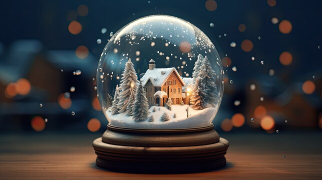 Glass snow globe Christmas decorative design. Podium under glass dome with white snowdrift, glow garland. Generative AI