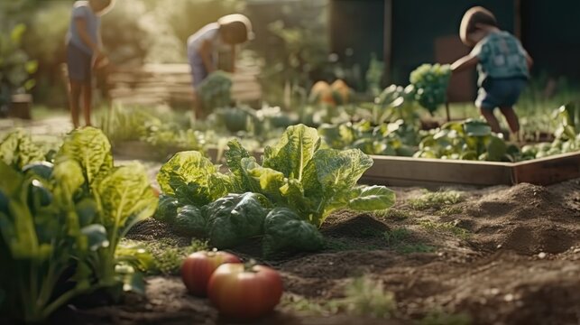 Children at community garden picking lettuce for eating. Boxes filled with soil and with various vegetable plants growing inside. Generative AI