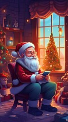 Surprised Santa Claus in a beautiful room and Christmas tree sits with gifts. Generative AI