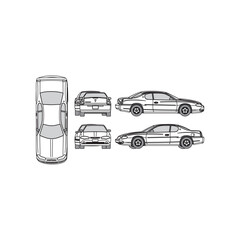  car outline, year 2000, isolated white background, front, back, top and side view, part 2