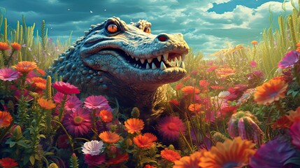 Alligator in field of wild flowers. Generative AI