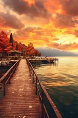 Bright sunset over lake Geneva, golden clouds reflect in the water at twilight time. Generative AI