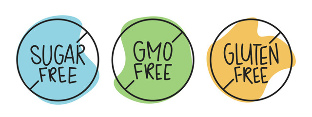 Sugar, GMO, gluten free signs set. Badge banner label sticker icon collection vector illustration design. - obrazy, fototapety, plakaty