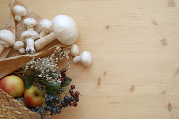 Fototapeta na wymiar Basket with groceries, vegetables fruits, mushrooms, food shopping