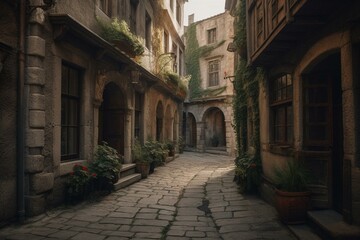Fototapeta na wymiar A street in a castle town. Generative AI