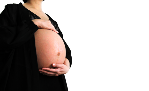 Asian pregnant woman in black dress and holds hands on swollen belly isolated on transparent background. Pregnancy 7-9 months, motherhood, love, expectation, new life and care baby. png transparency.