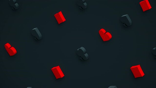 Animation of 3D render of four playing card suits heart, spade, diamond and club shapes seamless moving in isometric view on dark background. 4K abstract gambling loop background