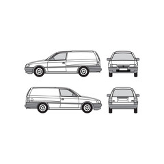 van outline, year 1992, isolated white background, front, back, top and side view.