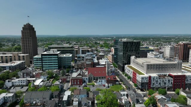 Allentown PA cityscape. Aerial approach to  skyscraper. Establishing shot.