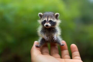 Raccoon tiny smallest animal in the world standing on human hand illustration generative ai - obrazy, fototapety, plakaty