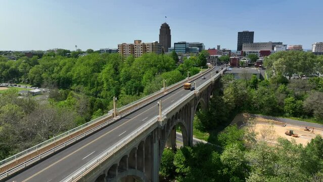 Allentown PA. Allentown Pennsylvania rising aerial reveal establishing shot with 8th Street viaduct bridge.