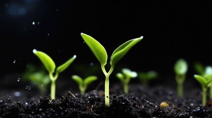 Green, fresh shoots grow from the soil. Generative AI.