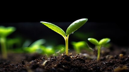 Fototapeta na wymiar Green, fresh shoots grow from the soil. Generative AI.