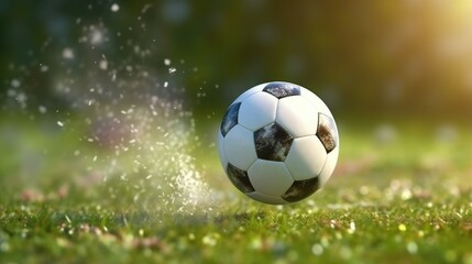 Naklejka premium A soccer ball with splashes of water flies to the gate. Background with soccer ball on the field. Generative AI
