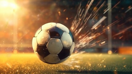 
A soccer ball with splashes of water flies to the gate. Background with soccer ball on the field. Generative AI
