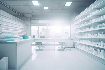 Fototapeta na wymiar Pharmacy Drugstore blurred background, medical pills and bottles on the table, Health concept